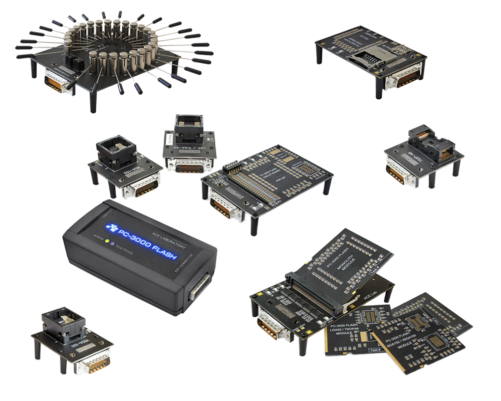 PC3000_FLASH_Spider-board_TSOP-48_BGA-152-100_Circuit-board_TLGA-52_Monolit_module